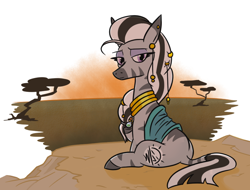 Size: 780x594 | Tagged: safe, artist:jargon scott, derpibooru import, oc, oc only, oc:matriarch zeg'us, zebra, female, lidded eyes, looking at you, looking back, looking back at you, mare, neck rings, savanna, sitting, smiling, solo, sunset, tree, zebra oc