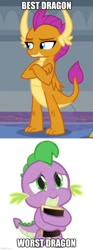 Size: 500x1344 | Tagged: safe, screencap, smolder, spike, dragon, school raze, female, male, op is a duck (reaction image), op is on drugs, op is trying to start shit, op is trying to start shit so badly that it's kinda funny, op isn't even trying anymore, shitposting, spikeabuse