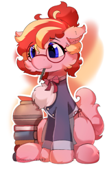 Size: 1739x2789 | Tagged: safe, artist:fireworks sea, artist:王八盾子, derpibooru import, oc, oc only, oc:flame hearts, earth pony, pony, book, cheek fluff, chest fluff, clothes, coffee pot, ear fluff, ears, glasses, mouth hold, pencil, pencil in mouth, simple background, solo, white background