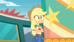 Size: 3410x1920 | Tagged: safe, derpibooru import, screencap, applejack, better together, equestria girls, rollercoaster of friendship, applejack's hat, belt, clothes, cowboy hat, crossed arms, cutie mark, cutie mark on clothes, denim skirt, female, geode of super strength, hat, high res, jewelry, magical geodes, necklace, skirt, solo