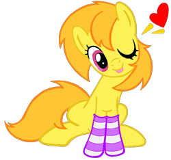 Size: 2396x2247 | Tagged: safe, artist:telasra, derpibooru import, oc, oc only, oc:sunshine, earth pony, pony, clothes, earth pony oc, heart, one eye closed, simple background, smiling, socks, solo, striped socks, transparent background, wink