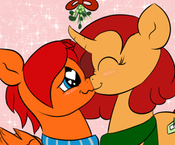 Size: 1100x909 | Tagged: safe, artist:tranzmuteproductions, derpibooru import, oc, oc only, pegasus, pony, unicorn, blushing, clothes, eyelashes, female, goggles, heart eyes, horn, mare, mistletoe, oc x oc, pegasus oc, scarf, shipping, smiling, unicorn oc, wingding eyes, wings