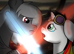 Size: 1100x800 | Tagged: safe, artist:tranzmuteproductions, derpibooru import, oc, oc only, oc:lightning bliss, alicorn, bat pony, pony, alicorn oc, bat pony oc, crying, duo, female, goggles, horn, lightsaber, male, mare, open mouth, stallion, star wars, weapon, wings