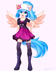 Size: 2632x3333 | Tagged: safe, artist:airiniblock, derpibooru import, oc, oc only, anthro, pegasus, unguligrade anthro, anthro oc, boots, cheek fluff, clothes, dress, ear fluff, ears, eye clipping through hair, female, hat, kneesocks, looking at you, mare, open mouth, open smile, pegasus oc, rcf community, shoes, simple background, smiling, smiling at you, socks, solo, spread wings, white background, wings