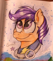 Size: 842x960 | Tagged: safe, artist:millefaller, derpibooru import, scootaloo, pegasus, pony, bust, clothes, cute, ear piercing, earring, eyelashes, female, filly, goggles, jewelry, piercing, signature, smiling, traditional art, uniform, wonderbolts uniform