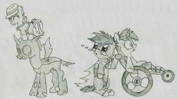 Size: 1066x596 | Tagged: safe, artist:zombietator, derpibooru import, oc, oc only, changeling, pony, :o, changeling oc, clothes, hat, lineart, looking back, open mouth, scarf, traditional art, wheelchair, wide eyes