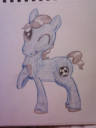 Size: 960x1280 | Tagged: safe, artist:zombietator, derpibooru import, oc, oc only, earth pony, pony, earth pony oc, hoof on chest, lineart, male, one eye closed, smiling, stallion, traditional art, unshorn fetlocks, wink