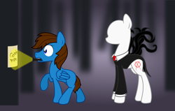 Size: 2536x1610 | Tagged: safe, artist:zombietator, derpibooru import, oc, oc only, pegasus, pony, clothes, crossover, dead tree, duo, flashlight (object), forest, male, mouth hold, necktie, outdoors, pegasus oc, raised hoof, raised leg, sign, slenderpony, stallion, suit, tentacles, tree, wings