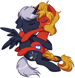 Size: 872x896 | Tagged: safe, artist:unichan, derpibooru import, oc, oc:quantum flash, oc:steel prism, alicorn, pony, unicorn, alicorn oc, commission, embrace, eyes closed, female, horn, kissing, making out, male, simple background, stallion, transparent background, wings, ych result