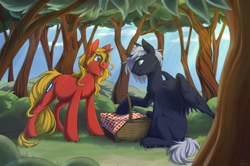 Size: 2153x1431 | Tagged: safe, artist:moontwinkle, derpibooru import, oc, oc:quantum flash, oc:steel prism, alicorn, unicorn, alicorn oc, commission, female, forest, horn, male, mare, picnic, stallion, wings