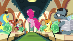 Size: 1280x720 | Tagged: safe, derpibooru import, screencap, carrot top, golden harvest, lemon hearts, pinkie pie, rarity, earth pony, unicorn, the gift of the maud pie, cathy o'marea, down under, female, friendship express, glasses, john candy, male, mare, mid-air, neighl page, planes trains and automobiles, stallion, train