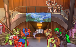 Size: 3300x2048 | Tagged: safe, alternate version, artist:cheekilycreative, derpibooru import, oc, oc:bytewave, oc:cyberpon3, oc:thorn rose, earth pony, pegasus, pony, unicorn, clothes, everfree northwest, hoodie, scarf, shoes, shorts, socks, striped socks