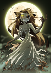 Size: 1608x2300 | Tagged: safe, artist:kirionek, derpibooru import, oc, oc only, oc:julsia, anthro, bone, clothes, dress, halloween, holiday, looking at you, moon, nightwraith, scary, skeleton, solo, spooky, the witcher, the witcher 3