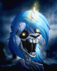 Size: 3200x4000 | Tagged: safe, artist:witchtaunter, derpibooru import, lyra heartstrings, pony, skeleton pony, unicorn, bone, cloud, cloudy, glowing, glowing eyes, glowing horn, halloween, holiday, horn, horror, skeleton, solo, spooky