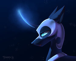 Size: 1280x1024 | Tagged: safe, artist:krampuzzz, derpibooru import, nightmare moon, alicorn, pony, blue eyes, curved horn, female, glowing, glowing horn, helmet, horn, magic, moonlight, night, open mouth, signature, simple background, solo, stars