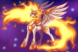Size: 1280x854 | Tagged: safe, artist:janeraver, derpibooru import, daybreaker, alicorn, pony, a royal problem, armor, digital art, evil laugh, eyes closed, fangs, feather, female, flowing mane, flowing tail, helmet, hoof shoes, horn, laughing, mane of fire, open mouth, purple background, simple background, solo, spread wings, tail, teeth, wing armor, wings