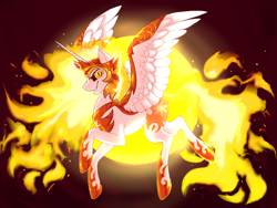 Size: 4160x3120 | Tagged: safe, artist:sn0wy18, derpibooru import, daybreaker, alicorn, pony, armor, commission, eyelashes, feather, female, flowing mane, flowing tail, flying, gem, golden eyes, grin, helmet, high res, hoof shoes, horn, looking at you, mane of fire, simple background, smiling, smiling at you, solo, spread wings, sun, tail, wing armor, wings