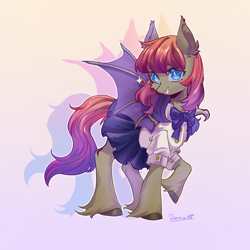 Size: 1900x1900 | Tagged: safe, artist:qamar, derpibooru import, oc, oc only, oc:xuan mai, bat pony, pony, bat pony oc, clothes, female, looking at you, mare, simple background, skirt, smiling, smiling at you, sparkles, unshorn fetlocks