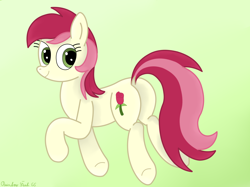 Size: 4032x3016 | Tagged: safe, artist:rainbowšpekgs, derpibooru import, roseluck, earth pony, pony, background pony, butt, cute, dock, female, gradient background, green eyes, high res, mare, plot, rosebutt, signature, smiling, solo, tail, two toned mane, two toned tail, underhoof