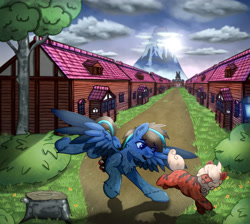 Size: 3000x2691 | Tagged: safe, artist:jesterpi, derpibooru import, oc, oc:iceberg skystriker, pegasus, pony, cloud, growlithe, happy, high res, mountain, pegasus oc, playing, pokéball, pokémon, running, smiling, town, tree, tree stump, village