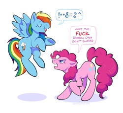 Size: 823x750 | Tagged: safe, artist:cyberdaydream, derpibooru import, pinkie pie, rainbow dash, earth pony, pegasus, pony, angry, censored vulgarity, dialogue, ears, eyes closed, floppy ears, flying, grawlixes, hypocritical humor, open mouth, open smile, redraw, smiling, spread wings, vulgar, wings