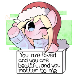 Size: 720x723 | Tagged: safe, artist:franshushu, derpibooru import, oc, oc only, oc:chuckles, earth pony, pony, christmas, clothes, commission, female, hat, holiday, love, positive message, positive ponies, santa hat, smiling, solo, sweater