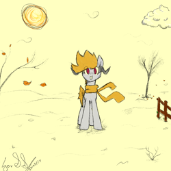 Size: 1000x1000 | Tagged: safe, artist:igorbanette, derpibooru import, oc, oc only, oc:thorn darkness, pony, clothes, fence, leaves, scarf, solo, sun, tree