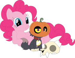 Size: 3554x2723 | Tagged: safe, artist:porygon2z, derpibooru import, pinkie pie, demon, earth pony, pony, duo, female, halloween, holiday, jack-o-lantern, king (the owl house), looking at you, male, pumpkin, simple background, the owl house, transparent background, vector