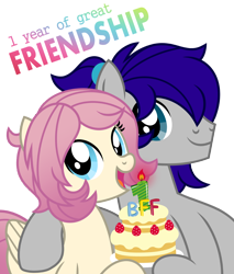 Size: 850x1000 | Tagged: safe, artist:jennieoo, derpibooru import, oc, oc:gentle star, oc:maverick, earth pony, pegasus, pony, anniversary, cake, celebration, food, friends, friendship, happy, hug, looking at you, simple background, smiling, smiling at you, transparent background, vector
