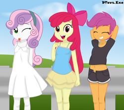 Size: 6799x6000 | Tagged: safe, artist:dtavs.exe, apple bloom, scootaloo, sweetie belle, equestria girls, apple bloom's bow, arm behind head, arms behind back, belly button, blouse, child, chipped tooth, clothes, cutie mark crusaders, dress, eyes closed, female, females only, midriff, one eye closed, open mouth, red hair, shirt, shorts, shoujo ramune, skirt, smiling, tongue, tongue out, tooth gap, trio, two toned hair, wink