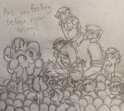 Size: 2351x2117 | Tagged: safe, artist:kabayo, derpibooru import, pinkie pie, oc, oc:anon, earth pony, human, pegasus, pony, unicorn, ball pit, colt, dialogue, female, filly, foal, human male, human oc, male, mare, open mouth, open smile, pencil drawing, sitting, smiling, talking, traditional art