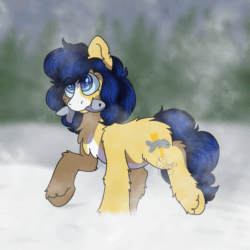 Size: 719x719 | Tagged: safe, artist:bluemoon, oc, oc only, oc:flash reboot, fish, pony, animated, blue eyes, blue mane, blurry background, coat markings, female, forest, gif, mare, mouth hold, race swap, raised hoof, raised leg, snow, snow pony, snowpony (species), solo, species swap, taiga pony, tree, yakutian horse, ych result, yellow coat