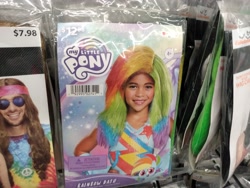 Size: 4160x3120 | Tagged: safe, rainbow dash, human, pegasus, pony, my little pony: pony life, costume, looking at you, my little pony logo, photo, pony costume, rainbow wig, walmart, wig