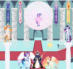 Size: 1826x1734 | Tagged: safe, artist:mana minori, derpibooru import, princess celestia, princess luna, twilight sparkle, anthro, horse, semi-anthro, anthro with ponies, banners, bipedal, cardcaptor, carpet, cherry blossoms, flower, flower blossom, kerberos, magic, pillar, poy, staff, stairs, star dreams, wings, yue