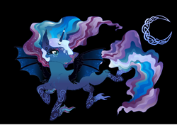 Size: 1206x851 | Tagged: safe, artist:mana minori, derpibooru import, princess luna, bat, black, black background, blue, moon, night, simple background, solo, style, wings