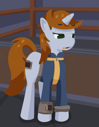 Size: 837x1073 | Tagged: safe, artist:toshimatsu, derpibooru exclusive, derpibooru import, oc, oc:littlepip, pony, unicorn, fallout equestria, clothes, fanfic, fanfic art, female, hooves, horn, mare, pipbuck, raised eyebrow, tail, vault suit