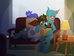 Size: 1600x1200 | Tagged: safe, artist:willoillo, derpibooru import, oc, changeling, earth pony, pony, whirling mungtooth, book, changeling oc, clothes, commission, earth pony oc, lamp, rain, sofa, sweater, window