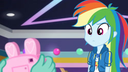 Size: 3410x1920 | Tagged: safe, derpibooru import, screencap, rainbow dash, zephyr breeze, better together, equestria girls, holidays unwrapped, camera, clothes, cutie mark, cutie mark on clothes, dashing through the mall, female, geode of super speed, high res, hoodie, jewelry, magical geodes, male, necklace, offscreen character