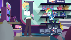 Size: 3410x1920 | Tagged: safe, derpibooru import, screencap, rainbow dash, zephyr breeze, better together, equestria girls, holidays unwrapped, camera, clothes, converse, cutie mark, cutie mark on clothes, dashing through the mall, female, geode of super speed, high res, hoodie, jewelry, magical geodes, male, necklace, shoes, smiling, sneakers