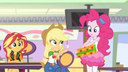 Size: 3410x1920 | Tagged: safe, derpibooru import, screencap, applejack, pinkie pie, sunset shimmer, better together, equestria girls, holidays unwrapped, :o, applejack's hat, belt, clothes, cowboy hat, cutie mark, cutie mark on clothes, dashing through the mall, denim skirt, female, geode of empathy, geode of sugar bombs, hat, high res, jacket, jewelry, leather, leather jacket, magical geodes, necklace, open mouth, skirt, smiling, tanktop