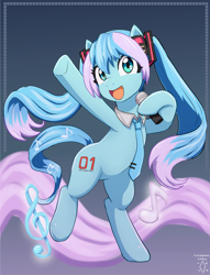 Size: 1706x2237 | Tagged: safe, artist:digiral, derpibooru import, earth pony, pony, anime, bipedal, female, hatsune miku, headphones, mare, microphone, music notes, necktie, ponified, solo, vocaloid