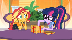 Size: 3410x1920 | Tagged: safe, derpibooru import, screencap, sci-twi, sunset shimmer, twilight sparkle, better together, equestria girls, holidays unwrapped, clothes, cutie mark, cutie mark on clothes, dashing through the mall, female, geode of empathy, geode of telekinesis, glasses, high res, jacket, jewelry, leather, leather jacket, magical geodes, necklace, ponytail, smiling