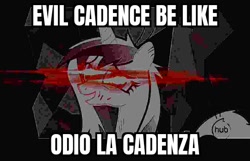 Size: 540x347 | Tagged: editor needed, safe, derpibooru import, edit, edited screencap, screencap, princess cadance, alicorn, pony, a canterlot wedding, deep fried meme, evil character be like, female, hub logo, meme, solo