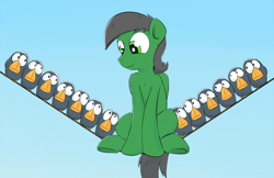 Size: 1280x830 | Tagged: safe, artist:subjectnumber2394, derpibooru import, oc, oc only, oc:spaceking, bird, pegasus, pony, behaving like a bird, chest fluff, cute, for the birds, frown, gradient background, gray mane, gray tail, green eyes, looking down, male, ocbetes, pegasus oc, pikmin (series), power line, sitting, smiling, stallion, tail, this will not end well, underhoof, wide eyes, worried