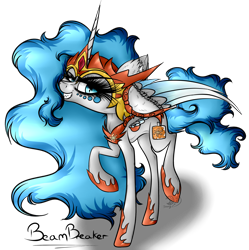 Size: 2817x2826 | Tagged: safe, artist:beamybutt, derpibooru import, daybreaker, oc, oc only, oc:moonbeam, alicorn, pony, alicorn oc, clothes, cosplay, costume, ear fluff, ears, eyelashes, female, grin, hoof shoes, horn, mare, peytral, simple background, smiling, solo, transparent background, wings