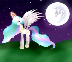 Size: 2647x2265 | Tagged: safe, artist:lucky-em, derpibooru import, princess celestia, alicorn, pony, bust, ethereal mane, female, full moon, glowing, glowing horn, hoof shoes, horn, mare, mare in the moon, moon, outdoors, peytral, solo, starry mane, wings