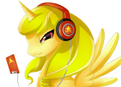 Size: 2510x1799 | Tagged: safe, artist:de-juanchi, derpibooru import, oc, oc only, oc:solar swirl, alicorn, pony, alicorn oc, bust, female, headphones, horn, ipod, magic, mare, simple background, smiling, solo, telekinesis, transparent background, wings