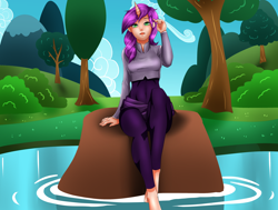 Size: 2820x2127 | Tagged: safe, artist:de-juanchi, derpibooru import, oc, oc only, human, barefoot, clothes, feet, female, horn, horned humanization, humanized, not sunny starscout, outdoors, pants, pond, solo, tree