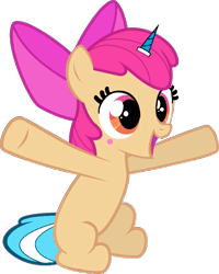 Size: 720x901 | Tagged: safe, artist:pagiepoppie12345, derpibooru import, apple bloom, earth pony, pony, adorabloom, blush sticker, blushing, bow, cute, female, filly, hair bow, horn, simple background, smiling, transparent background, unikitty! (tv series), vector