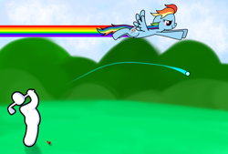 Size: 1748x1181 | Tagged: safe, artist:thread8, derpibooru import, rainbow dash, pegasus, pony, blurry background, ears, female, floppy ears, flying, golf, golf blitz, mare, multicolored hair, multicolored mane, multicolored tail, outdoors, rainbow hair, rainbow tail, rainbow trail, smiling, sports, spread wings, stick figure, tail, wings